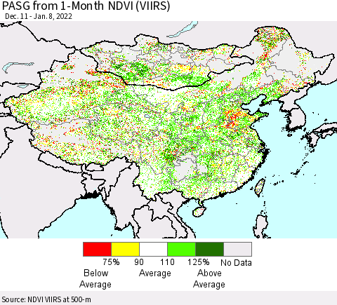 China, Mongolia and Taiwan PASG from 1-Month NDVI (VIIRS) Thematic Map For 1/1/2022 - 1/8/2022