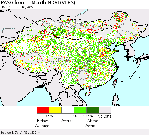 China, Mongolia and Taiwan PASG from 1-Month NDVI (VIIRS) Thematic Map For 1/9/2022 - 1/16/2022