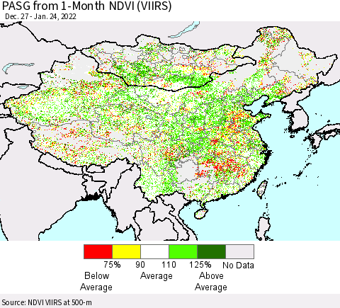 China, Mongolia and Taiwan PASG from 1-Month NDVI (VIIRS) Thematic Map For 1/17/2022 - 1/24/2022