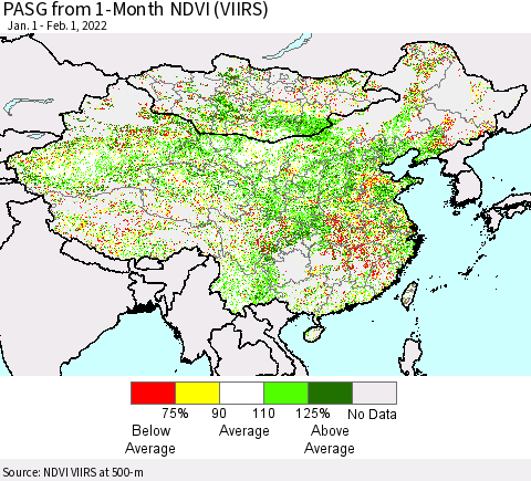China, Mongolia and Taiwan PASG from 1-Month NDVI (VIIRS) Thematic Map For 1/25/2022 - 2/1/2022