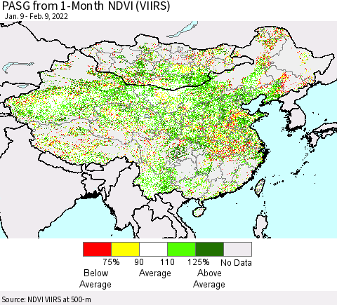 China, Mongolia and Taiwan PASG from 1-Month NDVI (VIIRS) Thematic Map For 2/2/2022 - 2/9/2022