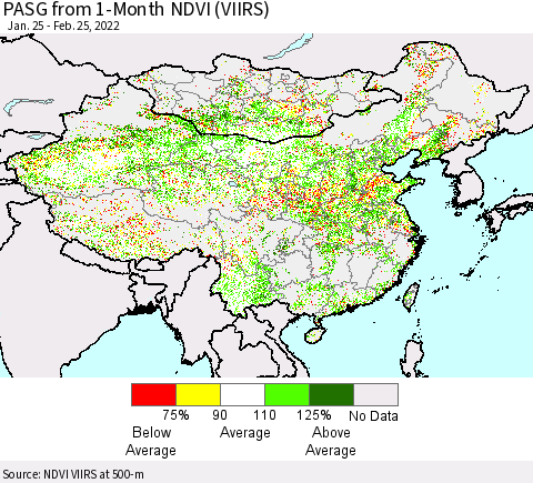 China, Mongolia and Taiwan PASG from 1-Month NDVI (VIIRS) Thematic Map For 2/18/2022 - 2/25/2022