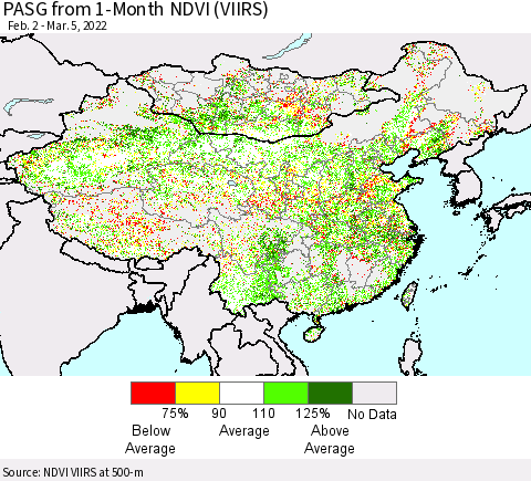 China, Mongolia and Taiwan PASG from 1-Month NDVI (VIIRS) Thematic Map For 2/26/2022 - 3/5/2022
