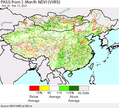 China, Mongolia and Taiwan PASG from 1-Month NDVI (VIIRS) Thematic Map For 3/6/2022 - 3/13/2022