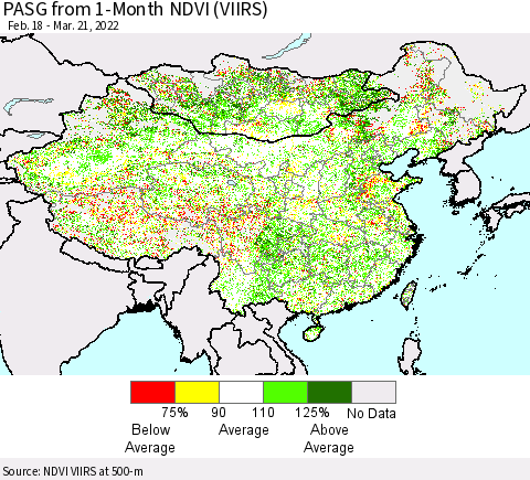 China, Mongolia and Taiwan PASG from 1-Month NDVI (VIIRS) Thematic Map For 3/14/2022 - 3/21/2022