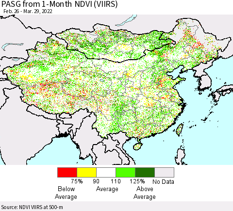 China, Mongolia and Taiwan PASG from 1-Month NDVI (VIIRS) Thematic Map For 3/22/2022 - 3/29/2022