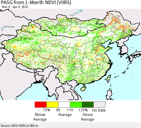 China, Mongolia and Taiwan PASG from 1-Month NDVI (VIIRS) Thematic Map For 3/30/2022 - 4/6/2022