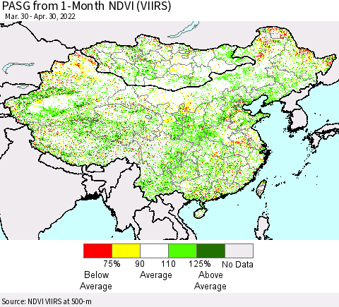 China, Mongolia and Taiwan PASG from 1-Month NDVI (VIIRS) Thematic Map For 4/23/2022 - 4/30/2022