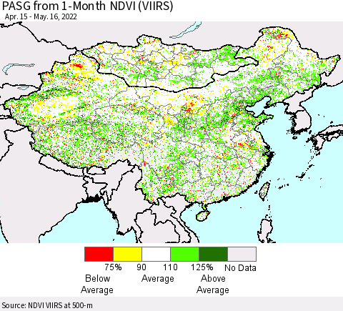 China, Mongolia and Taiwan PASG from 1-Month NDVI (VIIRS) Thematic Map For 5/9/2022 - 5/16/2022