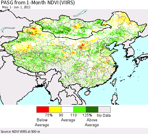China, Mongolia and Taiwan PASG from 1-Month NDVI (VIIRS) Thematic Map For 5/25/2022 - 6/1/2022