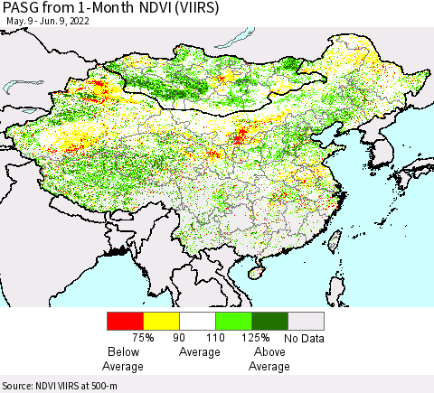 China, Mongolia and Taiwan PASG from 1-Month NDVI (VIIRS) Thematic Map For 6/2/2022 - 6/9/2022