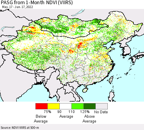 China, Mongolia and Taiwan PASG from 1-Month NDVI (VIIRS) Thematic Map For 6/10/2022 - 6/17/2022