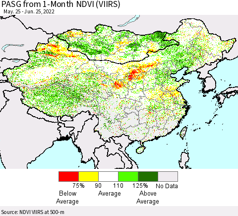China, Mongolia and Taiwan PASG from 1-Month NDVI (VIIRS) Thematic Map For 6/18/2022 - 6/25/2022