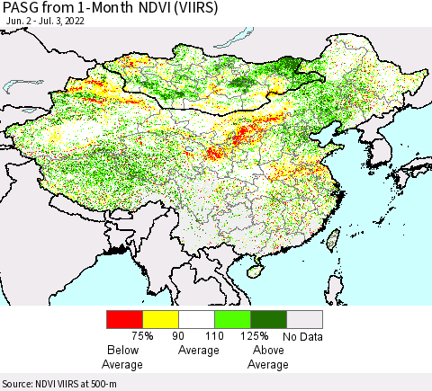 China, Mongolia and Taiwan PASG from 1-Month NDVI (VIIRS) Thematic Map For 6/26/2022 - 7/3/2022