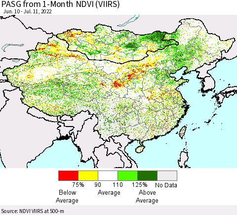 China, Mongolia and Taiwan PASG from 1-Month NDVI (VIIRS) Thematic Map For 7/4/2022 - 7/11/2022