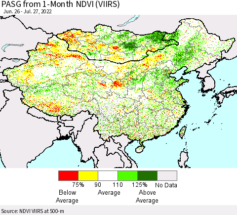 China, Mongolia and Taiwan PASG from 1-Month NDVI (VIIRS) Thematic Map For 7/20/2022 - 7/27/2022
