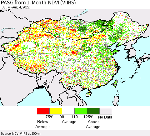 China, Mongolia and Taiwan PASG from 1-Month NDVI (VIIRS) Thematic Map For 7/28/2022 - 8/4/2022
