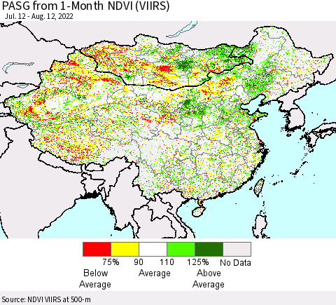 China, Mongolia and Taiwan PASG from 1-Month NDVI (VIIRS) Thematic Map For 8/5/2022 - 8/12/2022