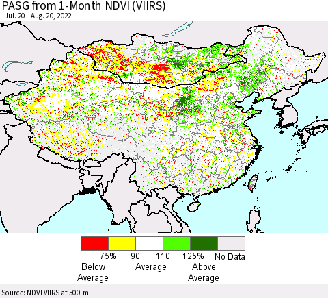 China, Mongolia and Taiwan PASG from 1-Month NDVI (VIIRS) Thematic Map For 8/13/2022 - 8/20/2022