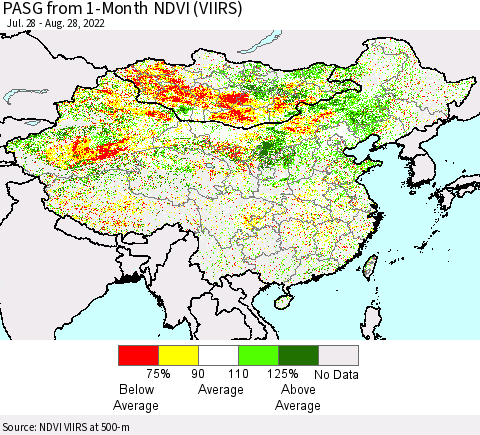 China, Mongolia and Taiwan PASG from 1-Month NDVI (VIIRS) Thematic Map For 8/21/2022 - 8/28/2022