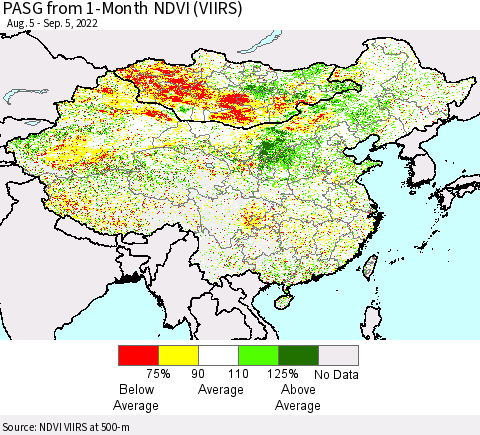 China, Mongolia and Taiwan PASG from 1-Month NDVI (VIIRS) Thematic Map For 8/29/2022 - 9/5/2022
