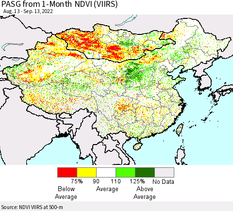 China, Mongolia and Taiwan PASG from 1-Month NDVI (VIIRS) Thematic Map For 9/6/2022 - 9/13/2022