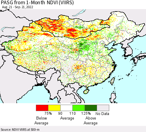 China, Mongolia and Taiwan PASG from 1-Month NDVI (VIIRS) Thematic Map For 9/14/2022 - 9/21/2022