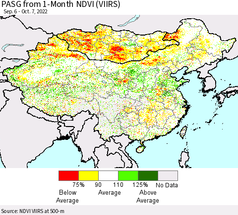 China, Mongolia and Taiwan PASG from 1-Month NDVI (VIIRS) Thematic Map For 9/30/2022 - 10/7/2022