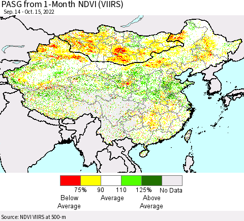 China, Mongolia and Taiwan PASG from 1-Month NDVI (VIIRS) Thematic Map For 10/8/2022 - 10/15/2022