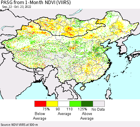 China, Mongolia and Taiwan PASG from 1-Month NDVI (VIIRS) Thematic Map For 10/16/2022 - 10/23/2022