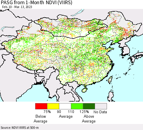 China, Mongolia and Taiwan PASG from 1-Month NDVI (VIIRS) Thematic Map For 3/6/2023 - 3/13/2023