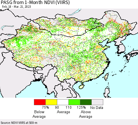 China, Mongolia and Taiwan PASG from 1-Month NDVI (VIIRS) Thematic Map For 3/14/2023 - 3/21/2023