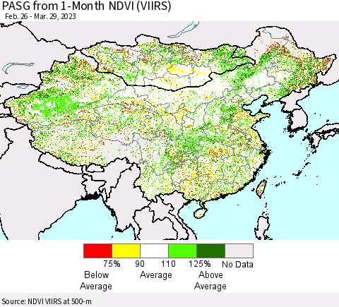 China, Mongolia and Taiwan PASG from 1-Month NDVI (VIIRS) Thematic Map For 3/22/2023 - 3/29/2023