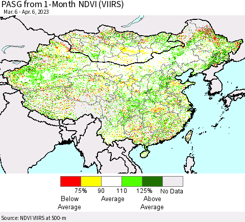 China, Mongolia and Taiwan PASG from 1-Month NDVI (VIIRS) Thematic Map For 3/30/2023 - 4/6/2023