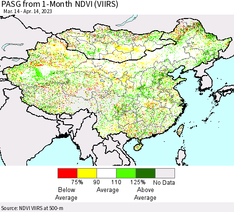 China, Mongolia and Taiwan PASG from 1-Month NDVI (VIIRS) Thematic Map For 4/7/2023 - 4/14/2023