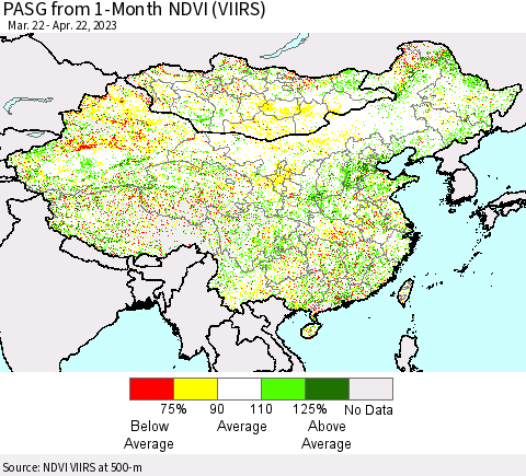 China, Mongolia and Taiwan PASG from 1-Month NDVI (VIIRS) Thematic Map For 4/15/2023 - 4/22/2023
