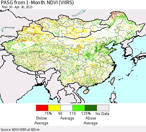 China, Mongolia and Taiwan PASG from 1-Month NDVI (VIIRS) Thematic Map For 4/23/2023 - 4/30/2023