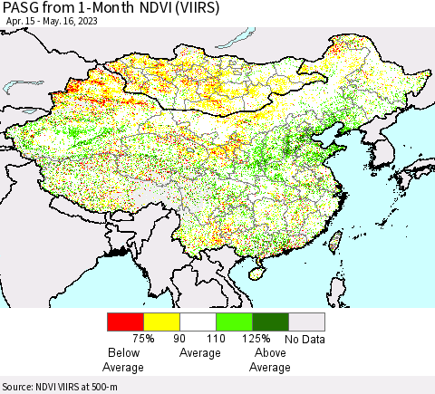 China, Mongolia and Taiwan PASG from 1-Month NDVI (VIIRS) Thematic Map For 5/9/2023 - 5/16/2023