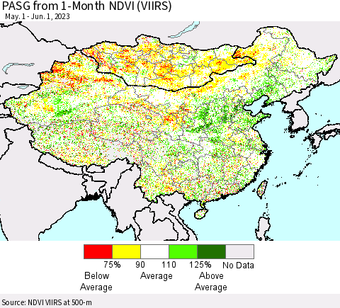 China, Mongolia and Taiwan PASG from 1-Month NDVI (VIIRS) Thematic Map For 5/25/2023 - 6/1/2023