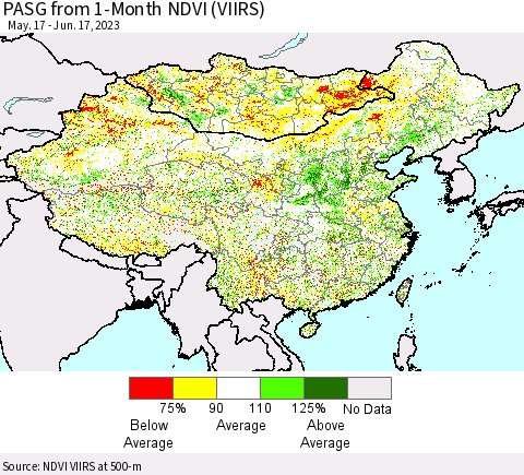 China, Mongolia and Taiwan PASG from 1-Month NDVI (VIIRS) Thematic Map For 6/10/2023 - 6/17/2023