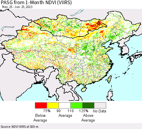 China, Mongolia and Taiwan PASG from 1-Month NDVI (VIIRS) Thematic Map For 6/18/2023 - 6/25/2023
