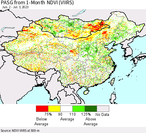 China, Mongolia and Taiwan PASG from 1-Month NDVI (VIIRS) Thematic Map For 6/26/2023 - 7/3/2023
