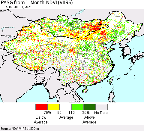 China, Mongolia and Taiwan PASG from 1-Month NDVI (VIIRS) Thematic Map For 7/4/2023 - 7/11/2023