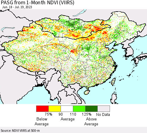 China, Mongolia and Taiwan PASG from 1-Month NDVI (VIIRS) Thematic Map For 7/12/2023 - 7/19/2023