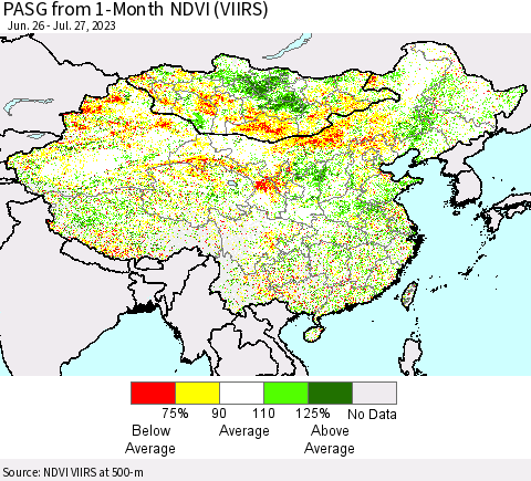 China, Mongolia and Taiwan PASG from 1-Month NDVI (VIIRS) Thematic Map For 7/20/2023 - 7/27/2023
