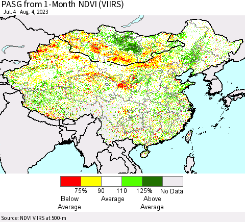 China, Mongolia and Taiwan PASG from 1-Month NDVI (VIIRS) Thematic Map For 7/28/2023 - 8/4/2023