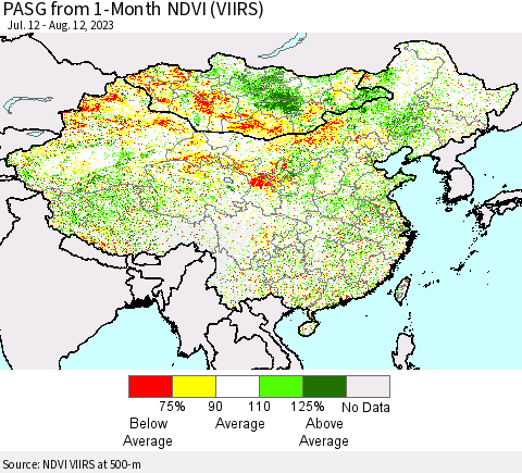 China, Mongolia and Taiwan PASG from 1-Month NDVI (VIIRS) Thematic Map For 8/5/2023 - 8/12/2023