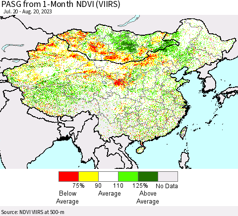 China, Mongolia and Taiwan PASG from 1-Month NDVI (VIIRS) Thematic Map For 8/13/2023 - 8/20/2023