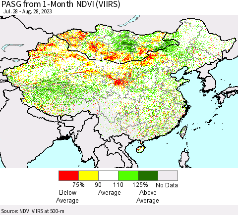 China, Mongolia and Taiwan PASG from 1-Month NDVI (VIIRS) Thematic Map For 8/21/2023 - 8/28/2023