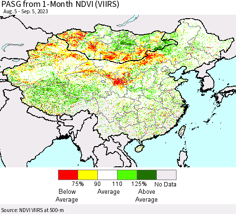 China, Mongolia and Taiwan PASG from 1-Month NDVI (VIIRS) Thematic Map For 8/29/2023 - 9/5/2023